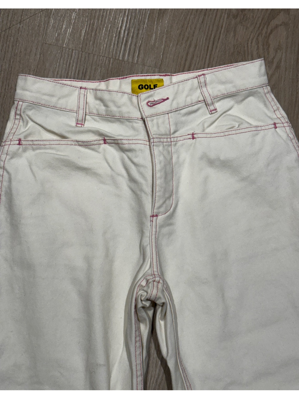 Golf Wang Cream High Rise Pyramid Straight Leg Jeans with Pink Stitching